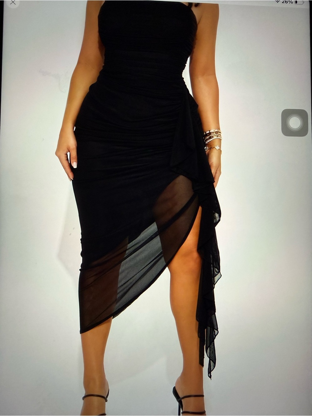 Fashion Nova Black High-Low Ruched Mesh Midi Dress